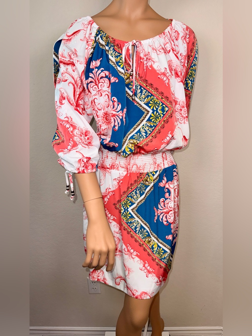 Cache L Pink Blue Baroque Print Smocked Waist Peasant Sleeve Dress